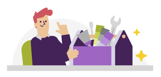 Illustratie van een man met een gereedschapskist. Hij heeft rood haar en draagt een paarse trui. Zijn vinger wijst omhoog.