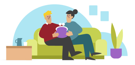 Illustratie van twee mensen die samen op een bank zitten. De man heeft blond haar en de vrouw haar zwart haar in een knot. De man houdt een grote portemonnee vast.