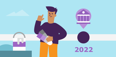 Een illustratie van een man met verfkleuren in zijn hand. Het jaartal 2022 staat ook op de illustratie.