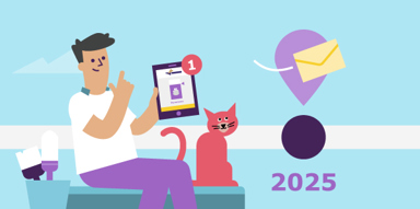 Een illustratie van een man met een tablet in zijn handen. Naast hem zit een kat en staat het jaartal 2025.