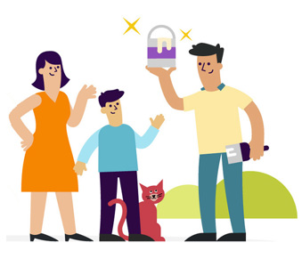 illustratie van een man die een verfpot omhoog uit en zijn gezin met vrouw en zoon en kat